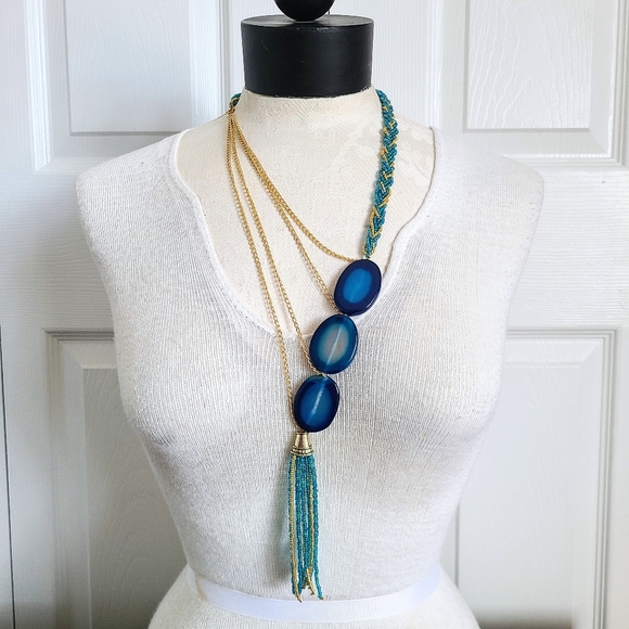 "The Sash" Braided Gold & Blue Beadwork w/ Agate Pendants & Gold Chain Necklace - Picture 2 of 7